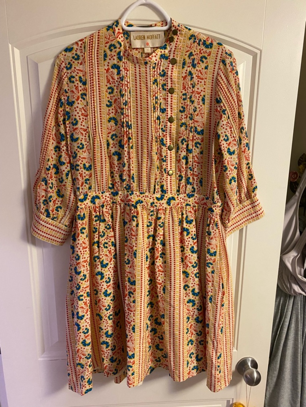Lauren Moffatt Floral Stripe Button-Front Dress in Cream & Teal - size 10